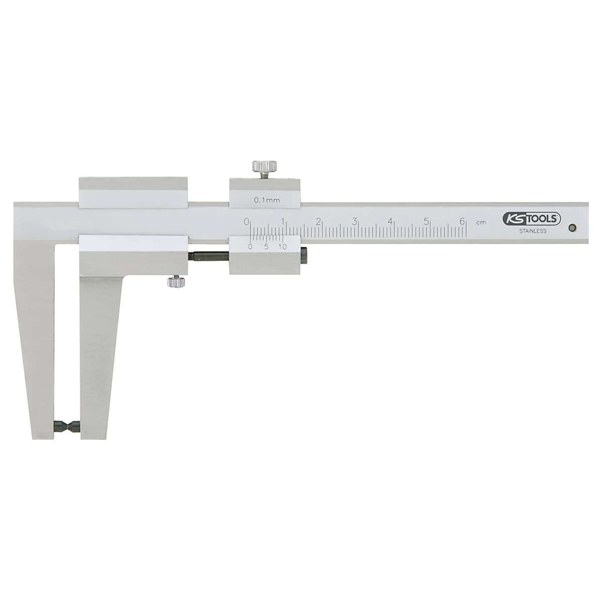 Silberfarbener Messschieber, mit Skala und Markierungen.